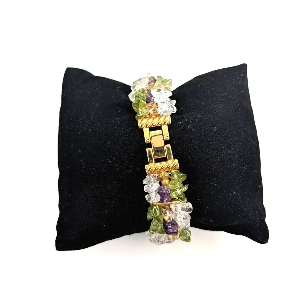 Quartz Crystal Mixed Gemstone Bracelet Watch Gold Tone Japanese Movement 7
